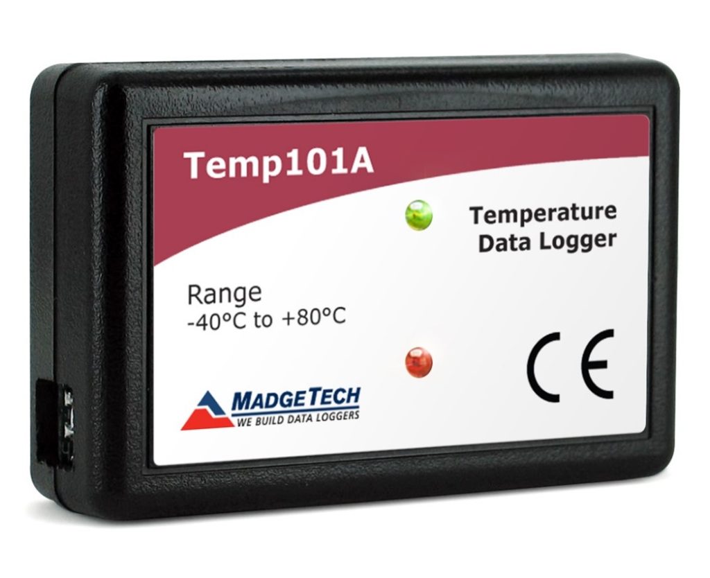 A data logger manufactured by madgetech, The front of the data logger displays the temperature range and CE mark